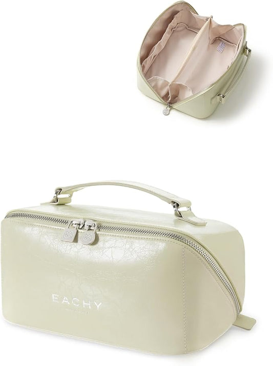 EACHY Travel Makeup Bag, Large Capacity Cosmetic Bag for Women, Waterproof PU Leather, Flat Open Portable Toiletry Bag for Skincare, Brushes & Travel Essentials