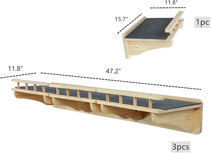 SHENGOCASE 47.2" x 11.8" Natural Solid Wood Wall Mounted Cat Shelves, Superhighway Walkway Balcony with Guardrail Wall Furniture, Steps Stairs, Perch