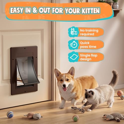 Cat Door for Interior & Exterior Doors, Pets Up to 20 lb, Brown | ﻿Soft Magnetic Flap, Sliding Lock Panel, Adjustable Tunnel, Save energy, Prevents Paw Pinching, Easy DIY Installation