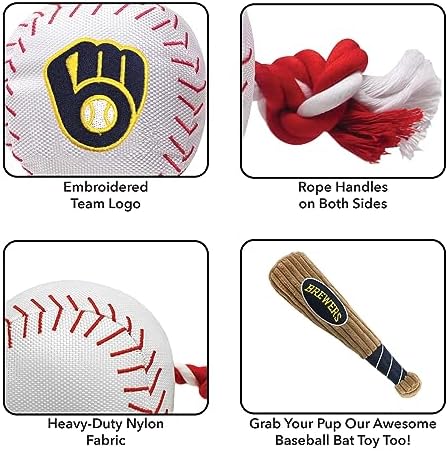 Pets First MLB Milwaukee Brewers Baseball Rope Toy for Dogs & Cats. Tough Nylon, Sporty Baseball Design, Heavy-Duty Ropes with Inner Squeaker