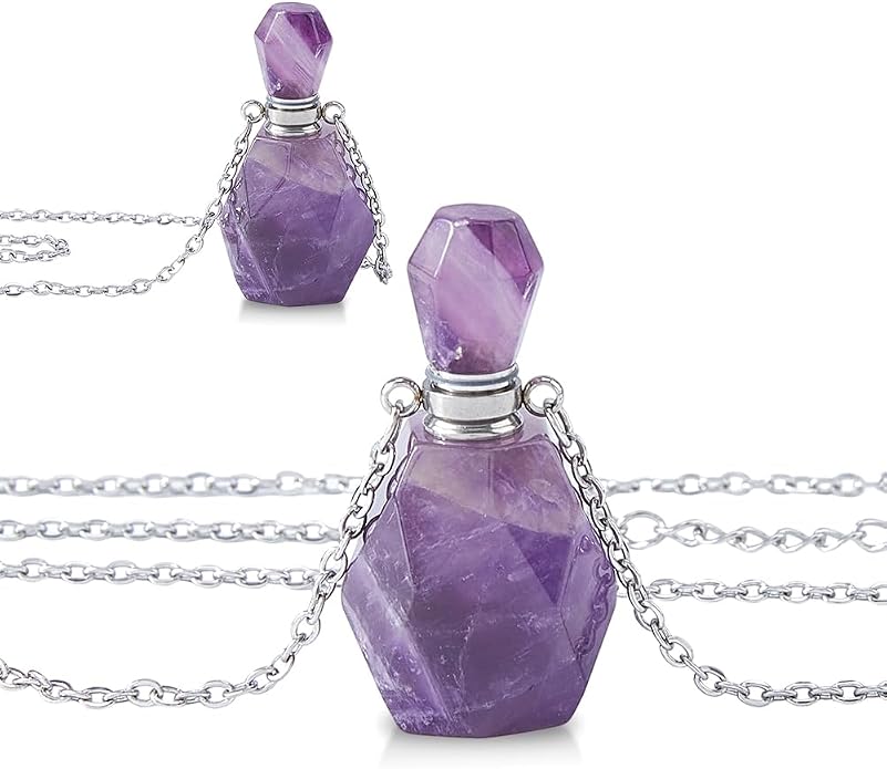 SUPERFINDINGS 2Pcs Perfume Bottle Necklace Essential Oil Diffuser Necklace Natural Crystal Perfume Bottle Pendant with 304 Stainless Steel Chain Gemstone Vial Pendant for Woman Men