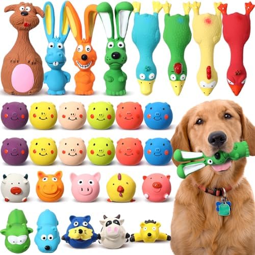 30 Pcs Latex Squeaky Dog Toys Soft Rubber Dog Chew Toy Animal Standing Stick Puppy Fetch Interactive Play Assorted Accessories for Small Medium Large Pets