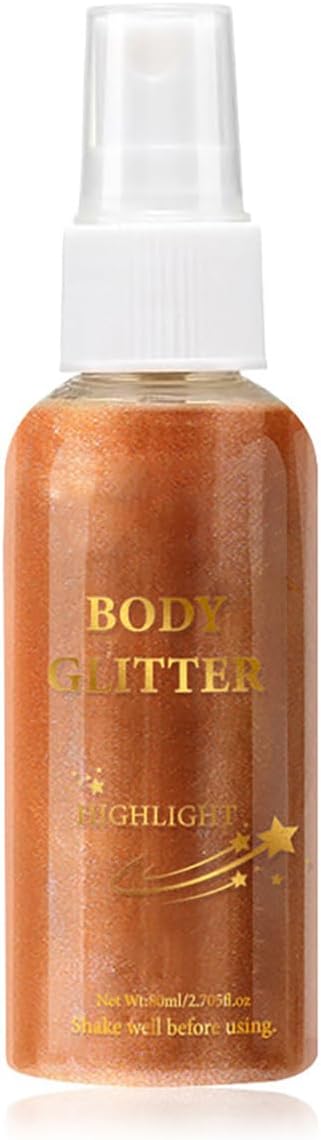 Body Glitter Spray Highlight, 4 Shimmering Color, Quick-Drying Formula Moisturizing Liquid Highlighter for Black/White Skin Women Men for Party, All Body Parts (# 04 Copper)
