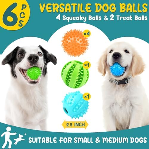 Puppy Toys for Teething, 6 Pack Interactive Dog Toys, 2.5" Squeaky Dog Balls and Treat Balls, Dog Chew Toys for Intellect Training, Small to Medium Breed