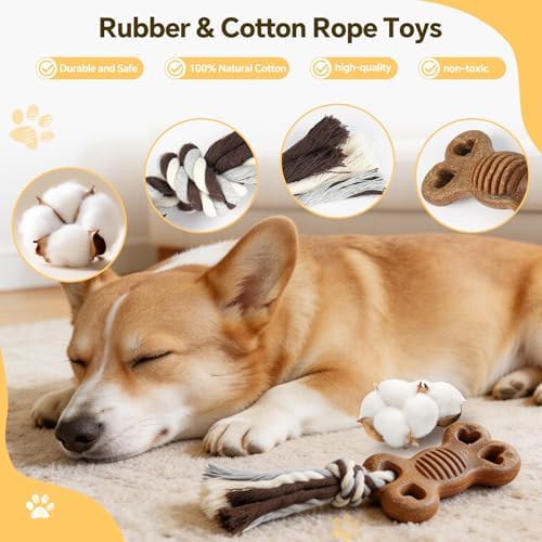 Dog Chew Toys for Aggressive Chewers – Puppies & Adults, Multiple Textures & Rope， ndestructible Tough Durable Interactive Dog Toys， Brown Bone