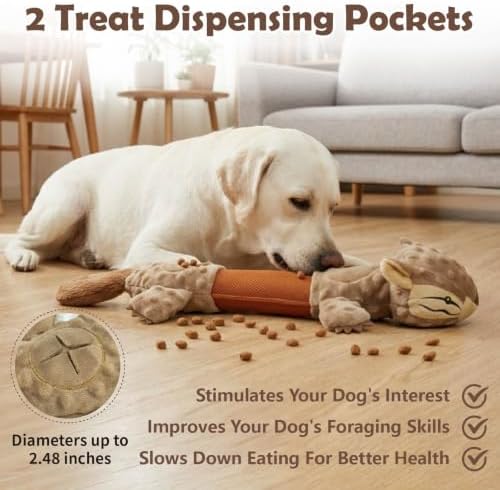 Squeaky Squirrel Dog Toy with 2 Treat-Hiding Pockets, Interactive Plush Tug Toy for Aggressive Chewers, Durable Crinkle Chew Toy for Small Medium Large Dogs