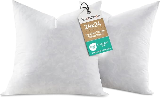 24x24 Feather Throw Pillow Inserts, Decorative Pillow Inserts for Covers, Fuller Fit with Soft Support for Bed and Couch, Set of 2