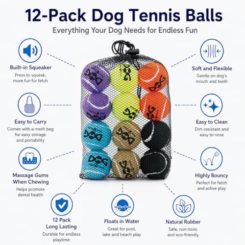 INSUM Tennis Balls for Dogs, 12 Pack Small Medium Dog Toys Balls