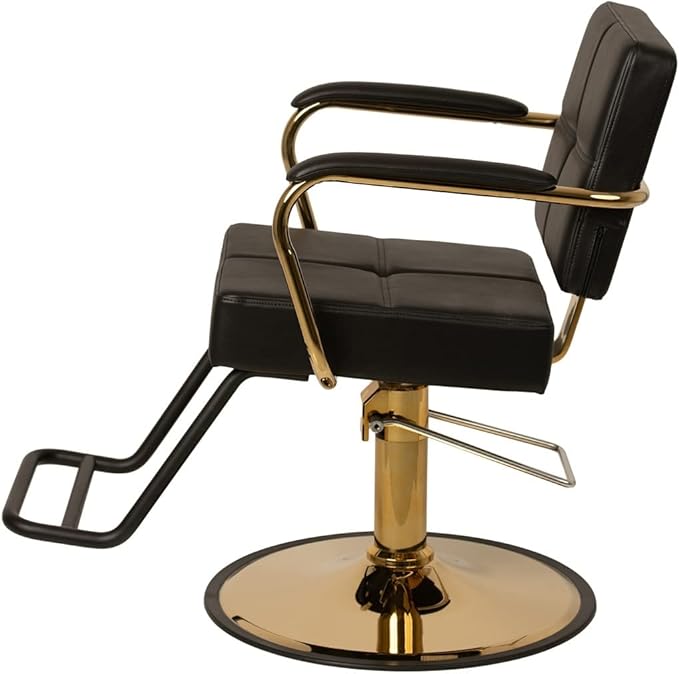 Buy-Rite Victoria Styling Chair for Professional Salons and Barbers, Gold Frame, Smooth All Black Premium Vinyl with Detailed Stitching, Hydraulic Pump, NIN-5506