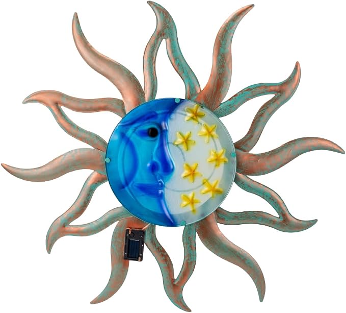 VEWOSTAR 29" Large Metal Sun and Moon Wall Art | 3D Fence Wall Decor With with Solar Lights, Hanging Decoration for Patio Garden Yard,Gift Ideal for Mom