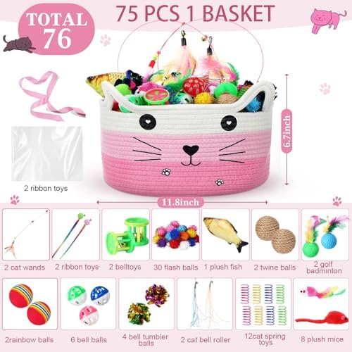 Zopeal 76 Pcs Cat Storage Basket Gift Toys Set, Pink