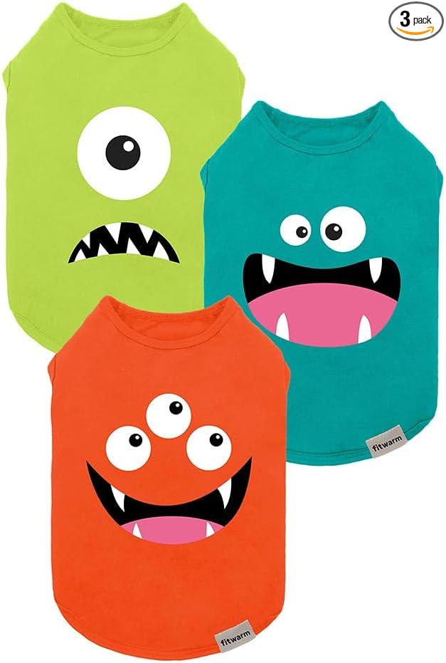 Fitwarm 3 Pack Monster Dog Shirt, Lightweight Funny Dog Tshirt, Summer Clothes for Small Dogs Boy Girl, Pet Outfit, Orange, Green, Teal, Large