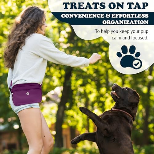Puppington 3-in-1 Crossbody & Dog Treat Pouch for Pet Training - Matching Compostable Poop Bags, Built-In Poop Bag Dispenser & Slow-Feeding Travel Dog Bowl - Dog Walking Bag (Plum Wine)