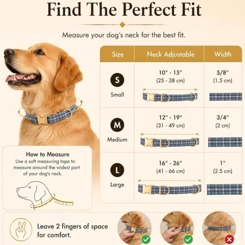 Medium Dog Collar Plaid, Soft Cotton, Metal Clasp, Highland Blue Tartan