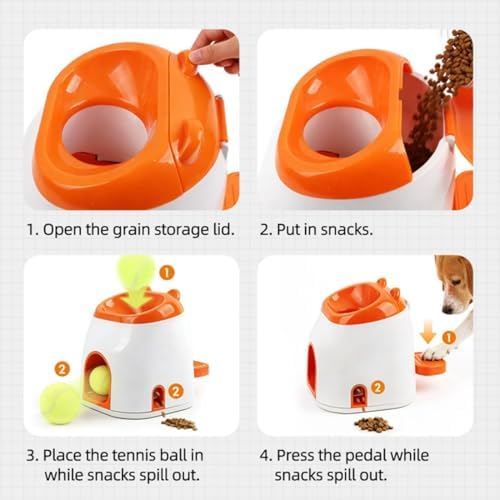 Dog Ball Launcher & Automatic Treat Dispenser, 2-in-1 Dog Tennis Ball Launcher & Treat Dispenser, ﻿Self-Play for Mental Stimulation, Indoor Outdoor Small to Medium Dogs