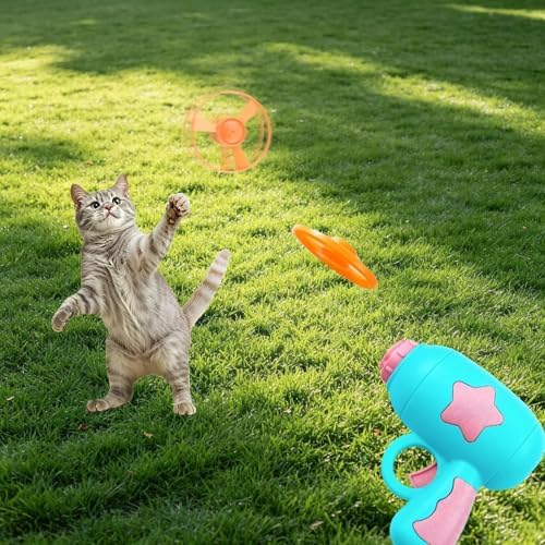 17 Pcs Cat Fetch Toy with Colorful Flying Propellers Set, Additional Flying Discs for Outdoor & Indoor Pet Chasing Training Hunting, Interactive Cat Propeller Toy (Star Pink + Blue)
