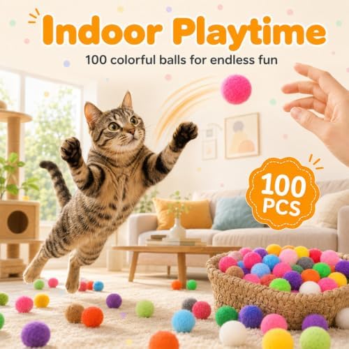 100 Pcs Cat Pom Pom Balls, 1 Inch Colorful Cat Toy Balls