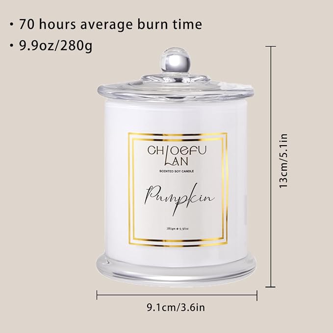 Pumpkin Candle, Fall Candles for Home Scented, Halloween Gifts for Women & Men, Natural Soy Scented Candles, Holiday Autumn Gift, Luxury Glass Jar, 75 Hours Long Burning, 10 oz