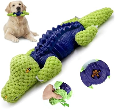 Dog Chew Toys for Small and Medium Breeds, Squeaky Dog Toys Plush, Interactive Dog Toys to Keep Them Busy, Alligator Dog Puzzle Toy, Dogs Dental Chew, Beef Flavored Chew Toy, Dogs Birthday Toy- Green
