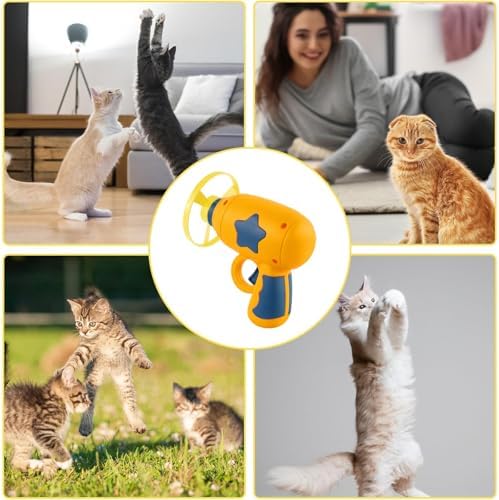 Andiker Cat Fetch Toy, Interactive Kitten Flying Disc Launcher Toy with 5 Colorful Flying Propellers for Cat Enrichment, Flying Saucer Toy for Cats for Training and Chasing (Yellow)