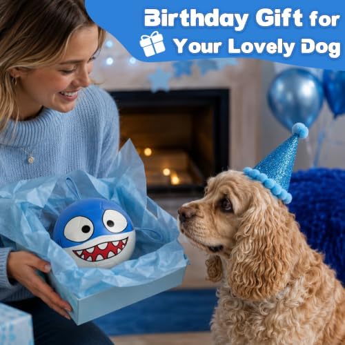 Vivifying Dog Soccer Ball, 6 Inch Inflatable Shark Dog Toy with Nylon Grab Tabs, Reinforced PU Interactive Fetch and Tug Ball for Small Dogs, Blue and White