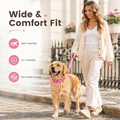 Rhinestone Dog Collar with QR ID Tag, Ostrich-Embossed, Pink, M | Crystal Dog Collar with Ostrich-Embossed Texture, Adjustable Waterproof Fit and QR Scan Pet ID for Stylish Daily Wear