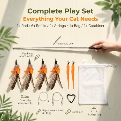 Cat Wand Attachments - Colorful Natural Feather Cat Toy Refills with Bells, Feather Wand Cat Toys for Compatible Teaser Wands (4Feather+2Worm+1wand)