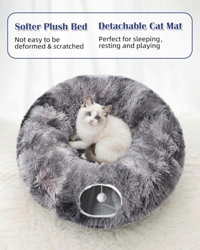 Cat Tunnel Bed with 20 Pcs Interactive Toys, 3-in-1 DIY Collapsible Plush Cat Tube with Washable Mat, Large Indoor Play Tunnel Cave for Kittens and Small Animals
