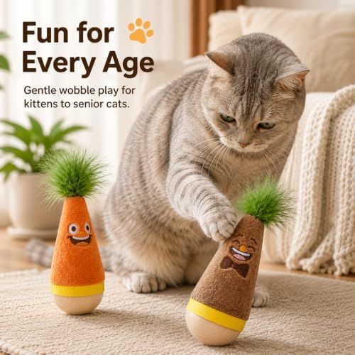 2 Pack Wooden Wobble Plush Feather Cat Toy for Interactive Play