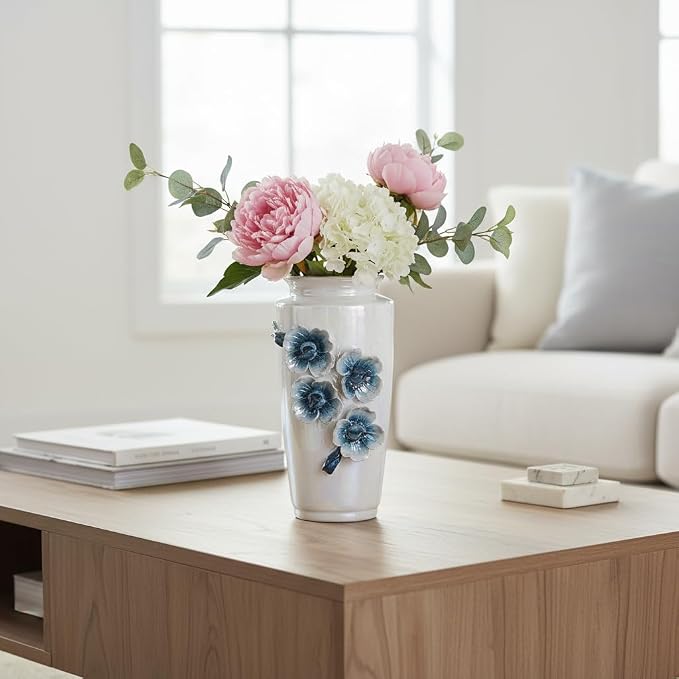 White Ceramic Vase 9 Inch - Modern Decorative Vase for Flowers, Centerpiece for Dining Table Living Room Entryway