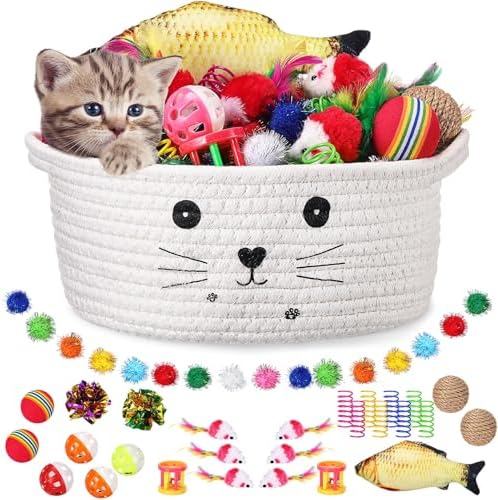 Zopeal 58 Pcs Summer Cat Storage Basket Gift Toys Set, Colorful Flashing Balls Pet Bell Crinkle Balls Spring Toys Attract Cat to Swat, Hunt, Interactive for Pet(White,9.8 Inch)
