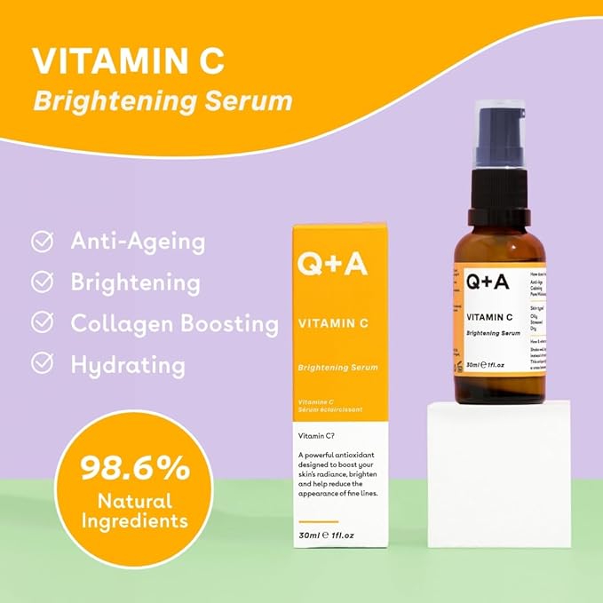 Q+A Vitamin C Brightening Face Serum (30ml), Vitamin C Serum for Face with Hyaluronic Acid, Hydrating and Anti-Ageing, Fragrance Free Skincare, Brightens Skin and Evens Out Skin Tone