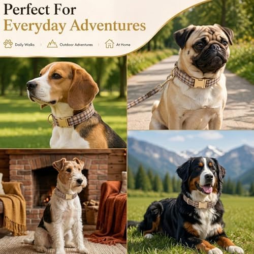 Soft Cotton Dog Collar Classic Plaid Pet Collars with Metal Clasp for Medium Dogs with Sensitive Skin, Camel Brown
