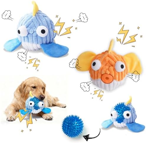 Squeak Dog Toys for Aggressive Chewers, No Stuffing Squeak Dog Chew Toys for Aggressive Chewers, Interactive Dog Toy Ball with Crinkle Paper for Medium Dogs, Large & Small Breeds (F-Whale+Fish)