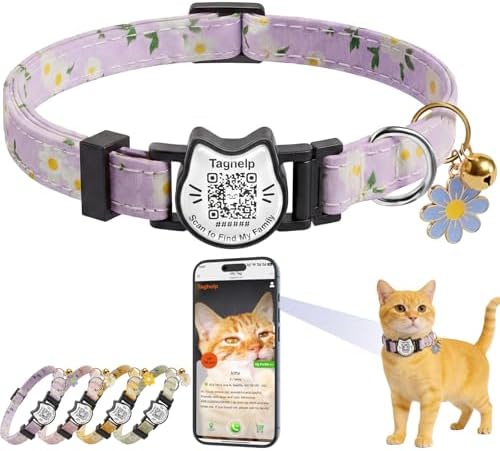 Cute Floral Breakaway Cat Collar with QR Code ID Tag, Soft Cotton Adjustable Kitten Collar with Bell, Personalized Scan ID for Cats, Daisy Pattern, Flower Pendant(Purple)