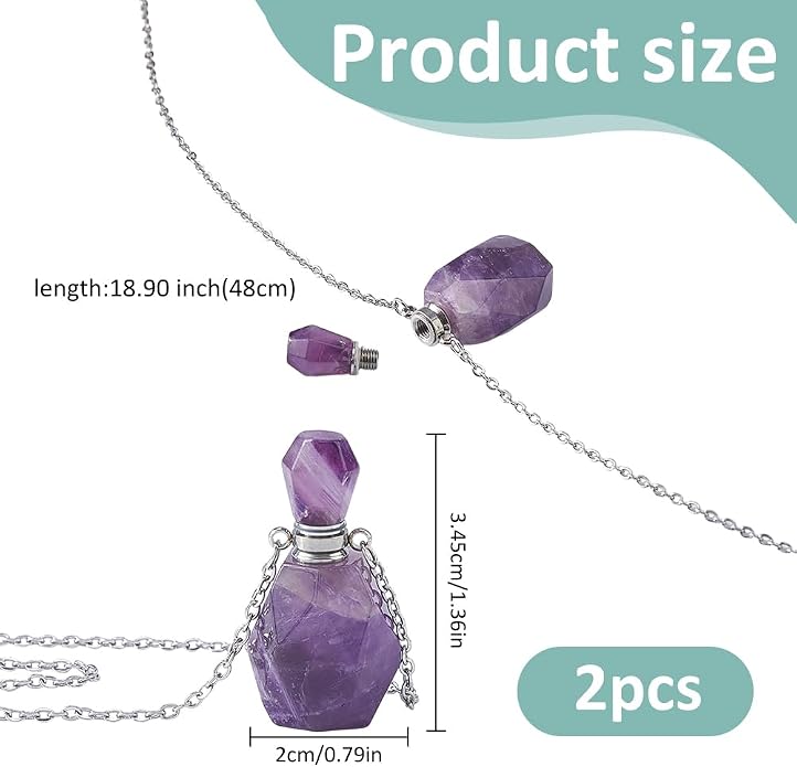 SUPERFINDINGS 2Pcs Perfume Bottle Necklace Essential Oil Diffuser Necklace Natural Crystal Perfume Bottle Pendant with 304 Stainless Steel Chain Gemstone Vial Pendant for Woman Men