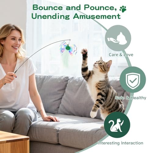 Pawaboo Cat Feather Wand Interactive Toy, 2 Feathers + 1 Wand with Bell