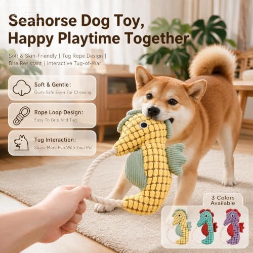 Seahorse Dog Plush Squeaky Toy with Rope Loop (Seehorse)