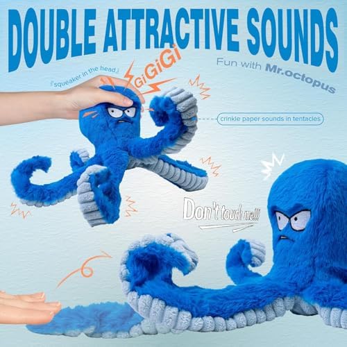 Large Dog Toys, Squeaky Dog Toy, Stuffed Crinkle Blue Octopus Toys 2 Pack | Tough Soft Fabric, Interactive Tug of War Puppy Chew Toys for Teething, Birthday Gift for Pet, Training Reward