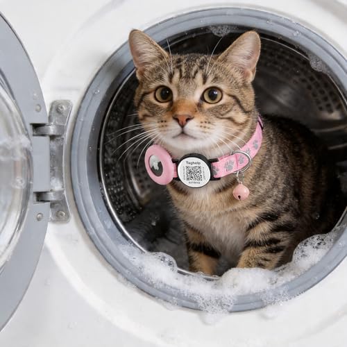 Airtag Cat Collar Breakaway with Bell & Reflective Design - Cute Paw Print Kitten Collar with Apple Airtag Holder & Safety Buckle - Perfect Pet Supplies, QR Code & Gifts for Girl & Boy Cats (Pink)