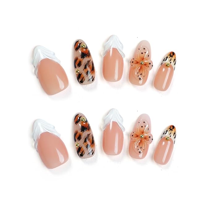 Handmade Press On Nails Almond - Short Tortoiseshell Water Ripple Design Fake Nails with French Tips, Salon Quality | 3 Sizes - 10 Acrylic Nail Kit, Fall/Winter Gift for Women