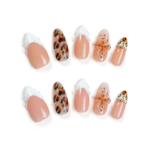 Handmade Press On Nails Almond - Short Tortoiseshell Water Ripple Design Fake Nails with French Tips, Salon Quality | 3 Sizes - 10 Acrylic Nail Kit, Fall/Winter Gift for Women