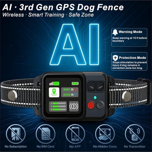GPS Wireless Electric Dog Fence – Wireless Dog Fence System with Warning Beep & Auto Protection, Quick-Charge Waterproof Collar, 6561ft Range, 3 Training Modes
