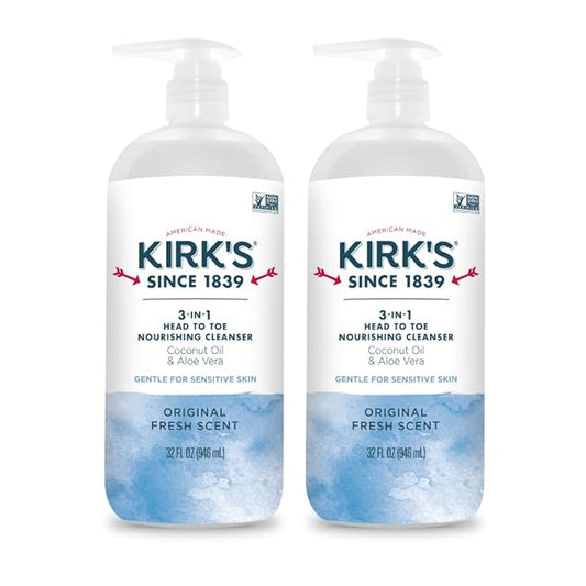 Kirk's 3-in-1 Head to Toe Nourishing Liquid Cleanser- for Men, Women & Children - Premium Coconut Oil & Aloe Vera- Non GMO & Vegan -Original Fresh Scent - 32 Fl Oz