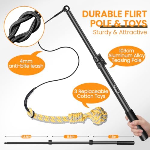 Ycozy Flirt Pole for Dogs Heavy Duty Interactive Toys Tug of War with Detachable 3 Replacement Rope Toys for Chase and Outdoor Exercise & Training for Small Medium Large Dogs (Pole - 40.6")