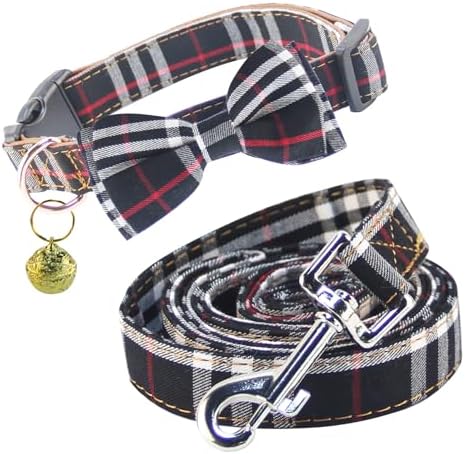 Yizepet Dog Collar and Leash Set-Plaid Puppy Collar with Bow Tie - Adjustable pet Collar for Dogs with Bell, Stylish Pattern for Small Medium or Large Boy and Girl Dog