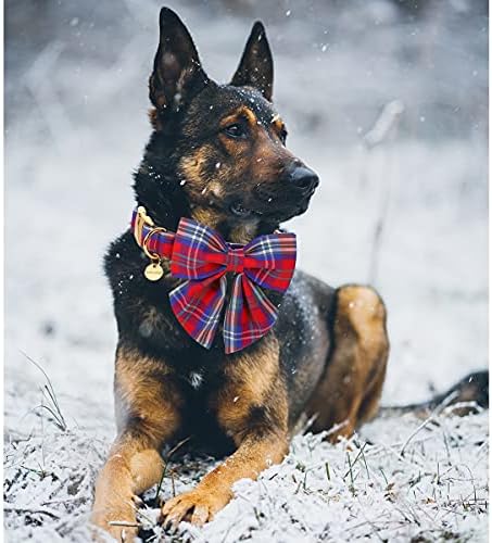 DOGWONG Cotton Dog Collar with Bowtie, Stylish Christmas Red Plaid Dog Collar Adjustable Puppy Necklace for Small and Medium Dogs