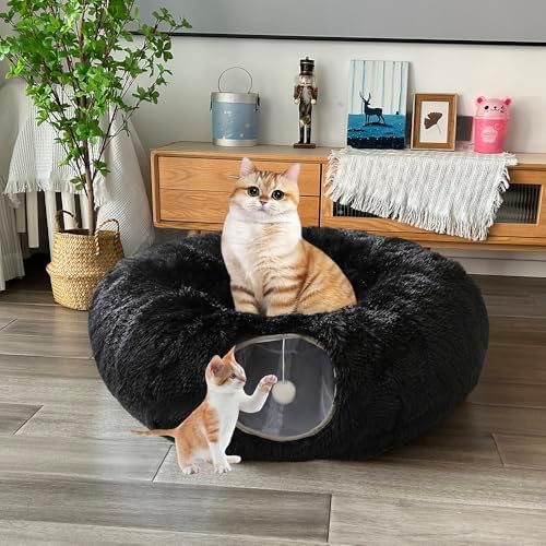 Cat Bed Tunnel Tube Toy Black Plush