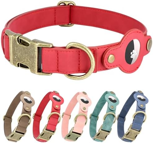 Airtag Dog Collar, PU Leather Collar with Airtag Holder for Small Dogs(Red)