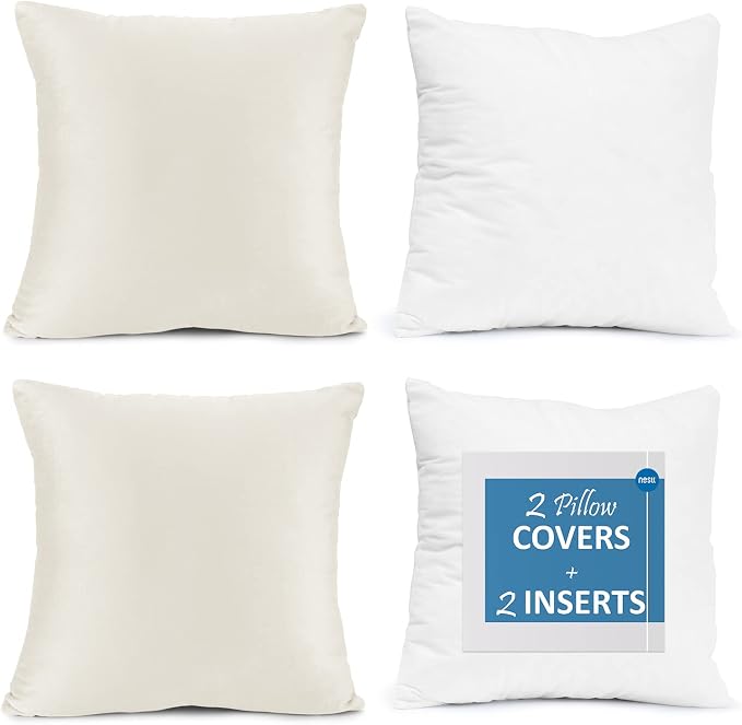 Throw Pillow Inserts Pack of 2 with Velvet Soft Solid Decorative Square Throw Pillow Covers Set for Sofa Couch Car Bedroom, 20X20 Throw Pillows Inserts with 18x18 Washable Cushion Covers, Off White